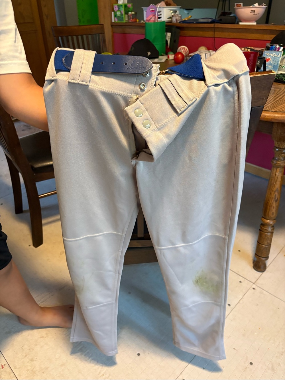 Youth Baseball Pants - Light Gray with Blue Waistband